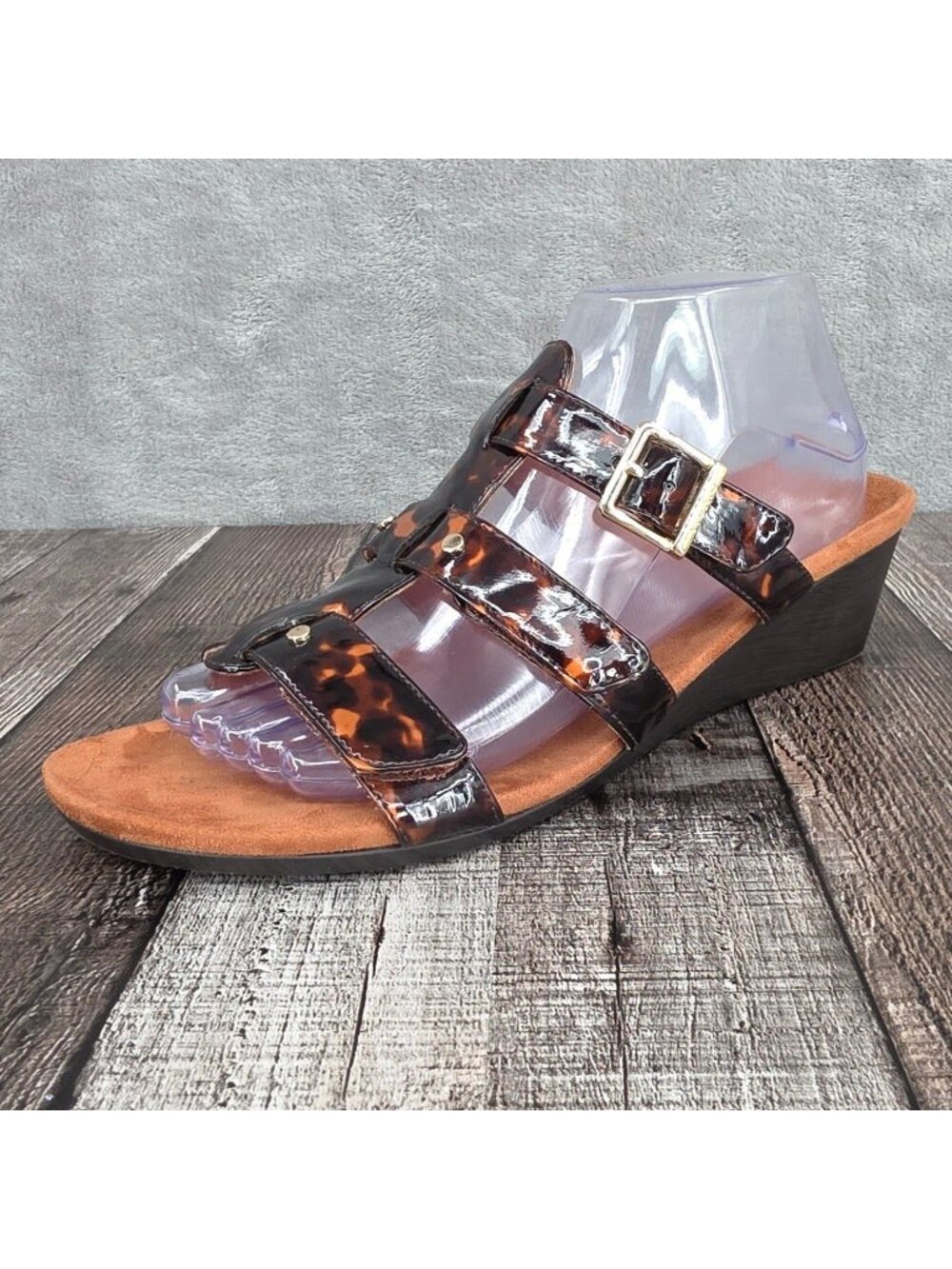 Vionic Radia Wedge Sandals 9.5 Tortoiseshell Brown Black Patent Leather Orthotic